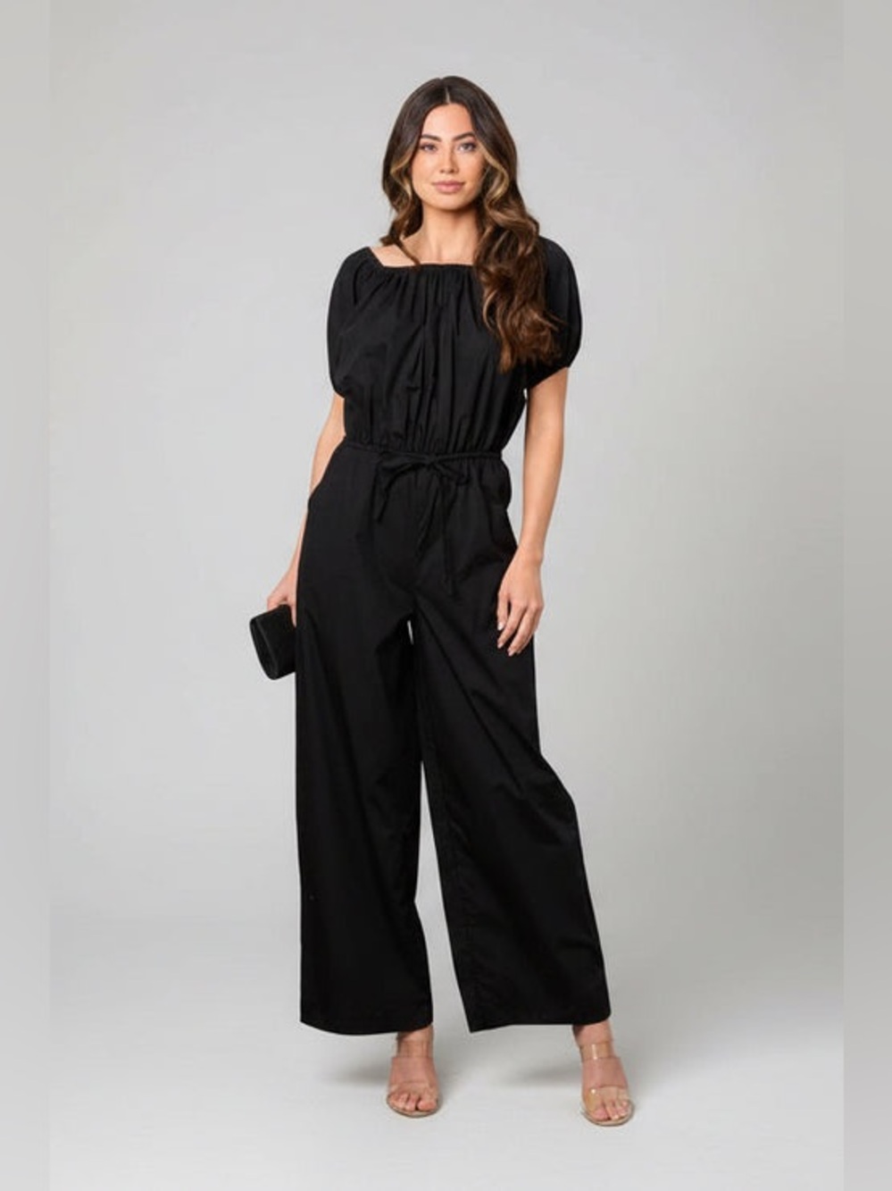 MIDNIGHT CLINCH PUFF SLEEVE ELASTIC WAIST WIDE LEG JUMPSUIT - Picture 2 of 7